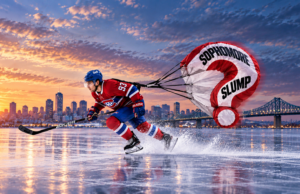 Ivan Demidov skating while pulling a question-mark parachute representing the sophomore slump