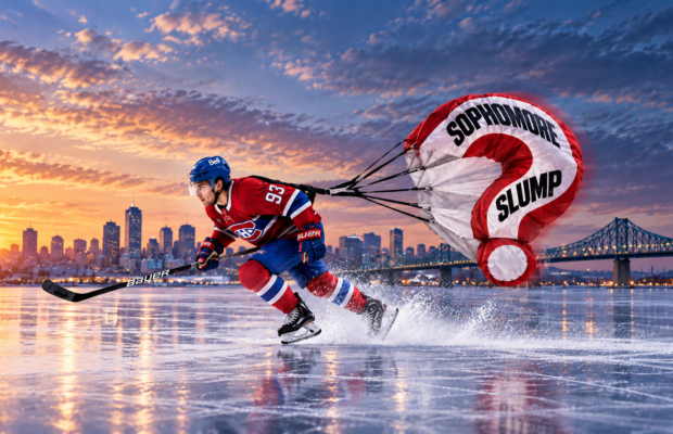 Ivan Demidov skating while pulling a question-mark parachute representing the sophomore slump