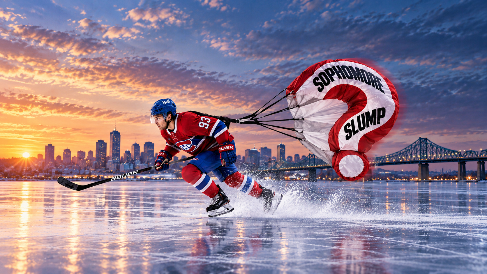Ivan Demidov skating while pulling a question-mark parachute representing the sophomore slump