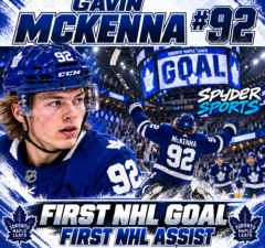 Gavin McKenna first NHL goal and assist illustration featuring the Toronto Maple Leafs forward wearing No. 92.