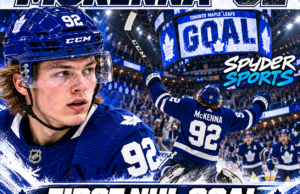Gavin McKenna first NHL goal and assist illustration featuring the Toronto Maple Leafs forward wearing No. 92.