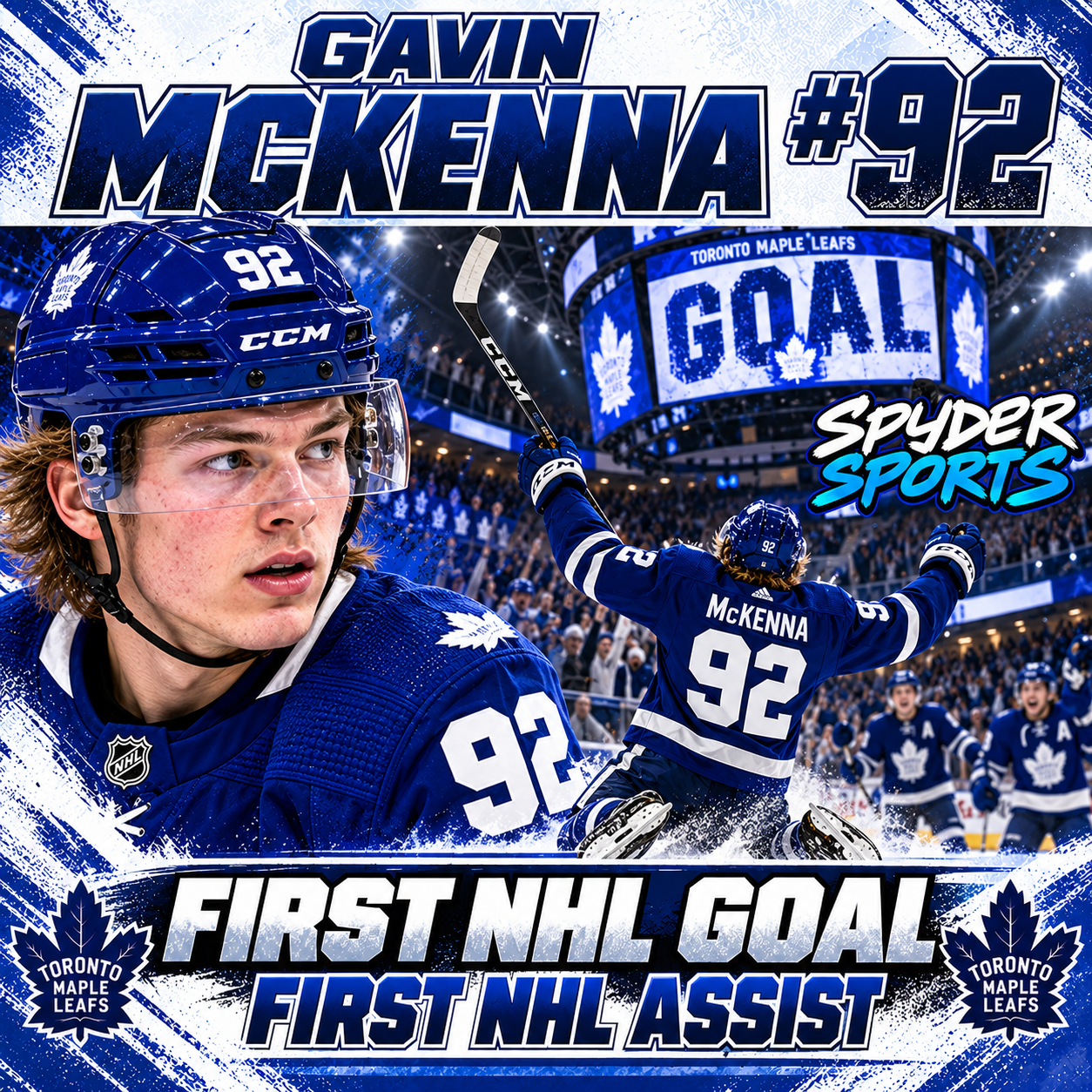 Gavin McKenna first NHL goal and assist illustration featuring the Toronto Maple Leafs forward wearing No. 92.