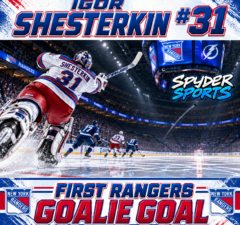 Igor Shesterkin of the New York Rangers shooting the puck into the empty Tampa Bay net.