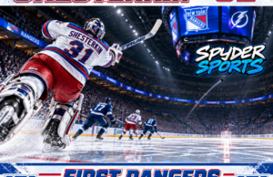 Igor Shesterkin of the New York Rangers shooting the puck into the empty Tampa Bay net.