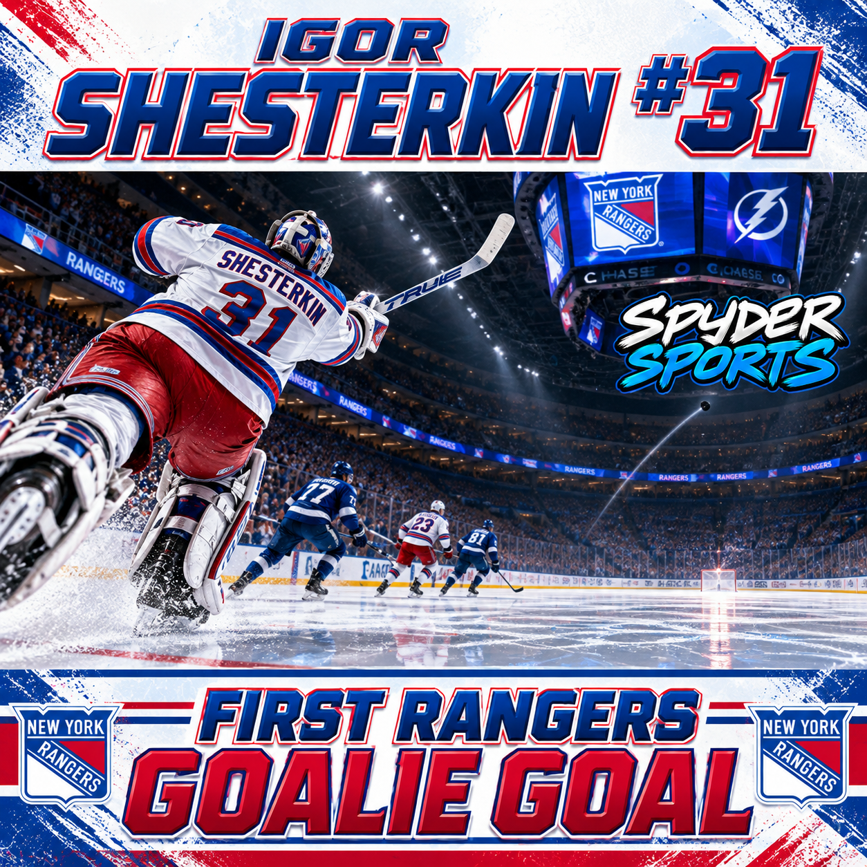 Igor Shesterkin of the New York Rangers shooting the puck into the empty Tampa Bay net.