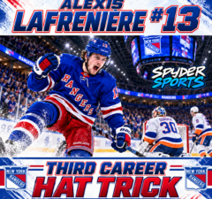 Alexis Lafrenière hat trick illustration celebrating his third career NHL hat trick for the New York Rangers.