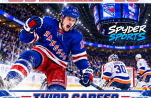 Alexis Lafrenière hat trick illustration celebrating his third career NHL hat trick for the New York Rangers.