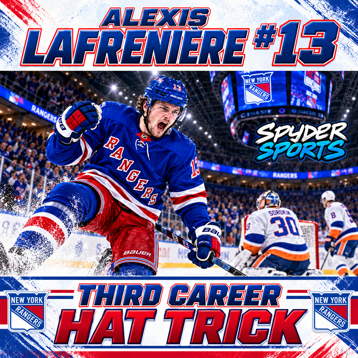 Alexis Lafrenière hat trick illustration celebrating his third career NHL hat trick for the New York Rangers.