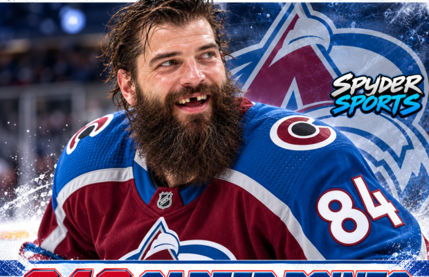 Brent Burns wearing Colorado Avalanche No. 84 jersey, celebrating 948 career points and tying Chris Chelios for 10th all-time among NHL defensemen.