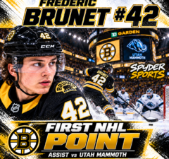 Frédéric Brunet celebrates his first NHL point with the Boston Bruins, wearing No. 42 against the Utah Mammoth.