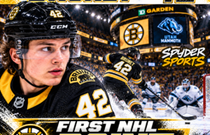 Frédéric Brunet celebrates his first NHL point with the Boston Bruins, wearing No. 42 against the Utah Mammoth.