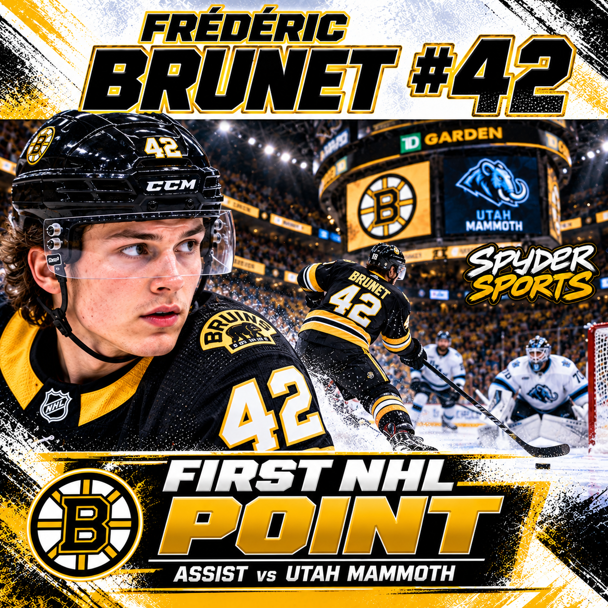 Frédéric Brunet celebrates his first NHL point with the Boston Bruins, wearing No. 42 against the Utah Mammoth.