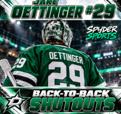 Jake Oettinger back-to-back shutouts illustration featuring the Dallas Stars goaltender wearing No. 29.