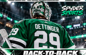Jake Oettinger back-to-back shutouts illustration featuring the Dallas Stars goaltender wearing No. 29.