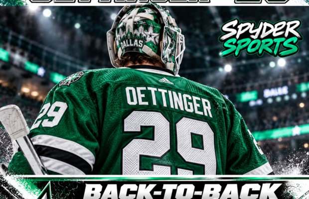 Jake Oettinger back-to-back shutouts illustration featuring the Dallas Stars goaltender wearing No. 29.