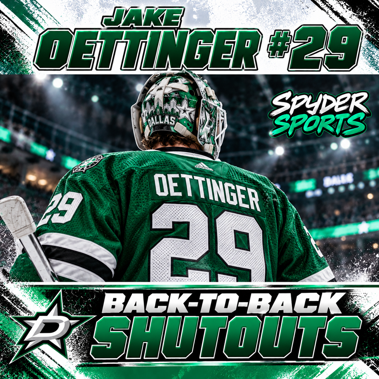 Jake Oettinger back-to-back shutouts illustration featuring the Dallas Stars goaltender wearing No. 29.