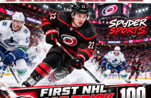 Logan Stankoven first NHL hat trick illustration featuring the Carolina Hurricanes forward against Vancouver.